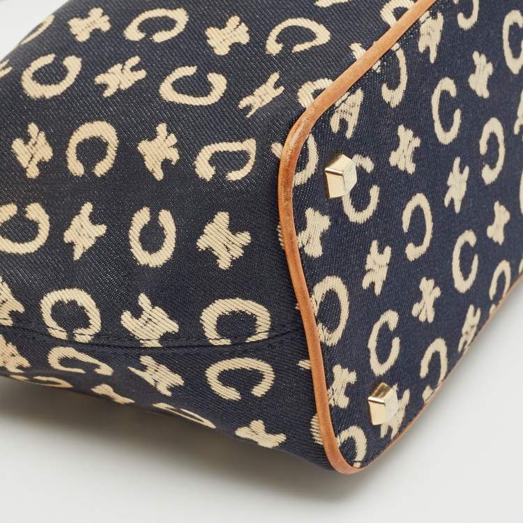 Pre Owned Celine Navy Blue/Brown Macadam Canvas and Leather Boat Shoulder Bag