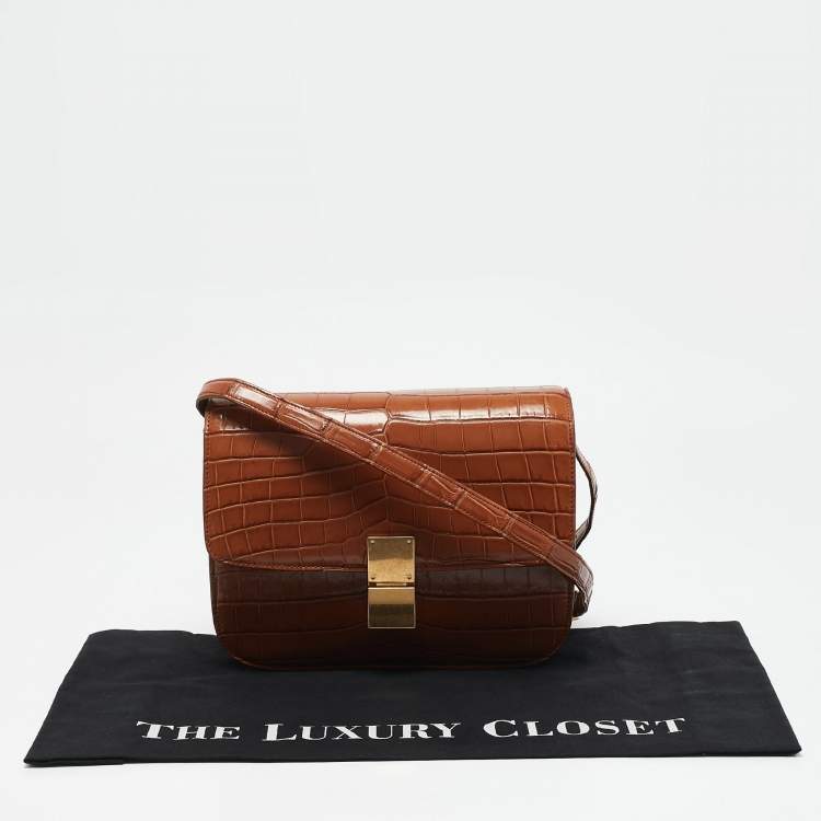 Pre Owned Celine Brown Crocodile Medium Classic Box Shoulder Bag