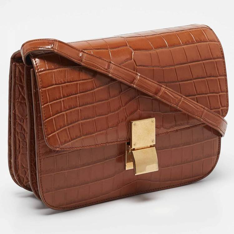 Pre Owned Celine Brown Crocodile Medium Classic Box Shoulder Bag