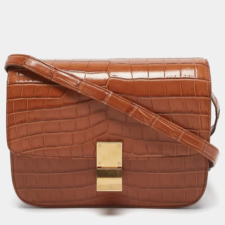 Pre Owned Celine Brown Crocodile Medium Classic Box Shoulder Bag
