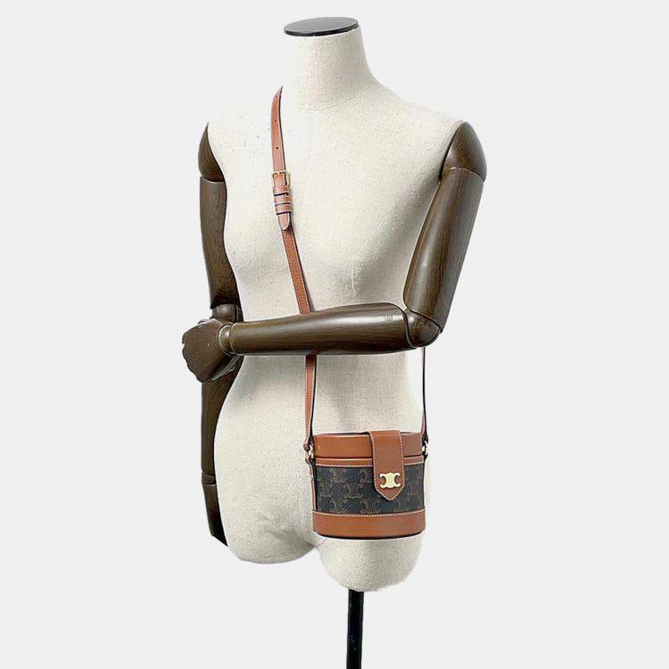 Pre Owned Celine Tan PVC Coated Canvas and Leather Triomphe Tambour Small Shoulder Bag