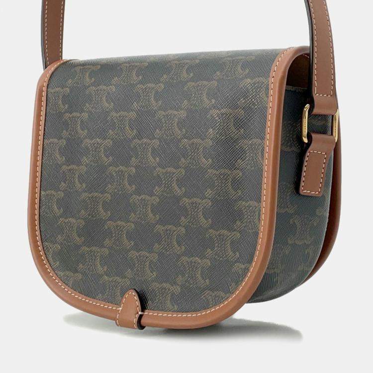Pre Owned Celine Tan PVC Coated Canvas and Leather Triomphe Folco Medium Shoulder Bag