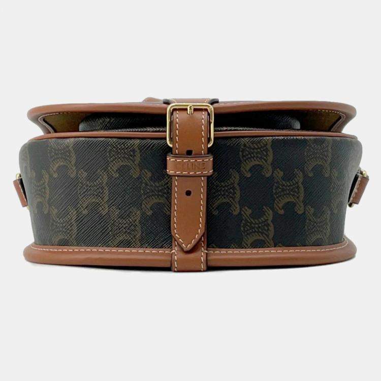 Pre Owned Celine Tan PVC Coated Canvas and Leather Triomphe Folco Medium Shoulder Bag
