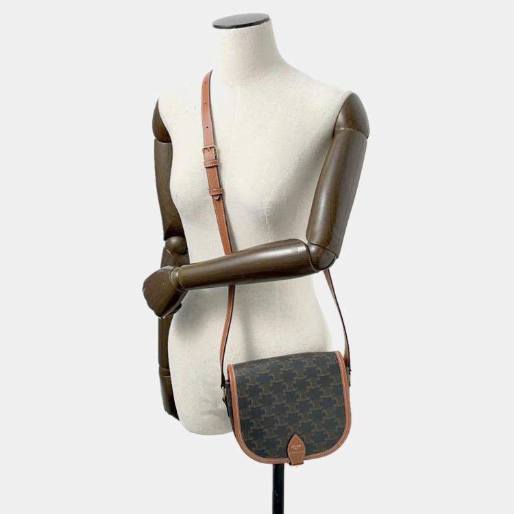 Pre Owned Celine Tan PVC Coated Canvas and Leather Triomphe Folco Medium Shoulder Bag