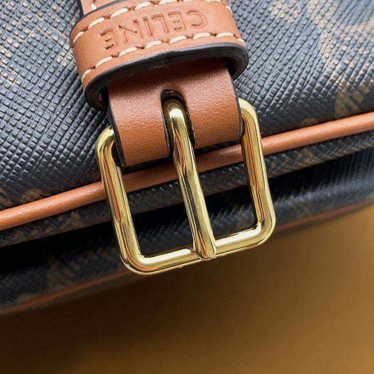 Pre Owned Celine Tan PVC Coated Canvas and Leather Triomphe Folco Medium Shoulder Bag