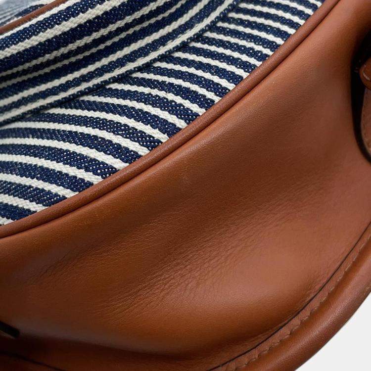 Pre Owned Celine Blue, White, and Brown Canvas and Leather Striped Folco Medium Shoulder Bag
