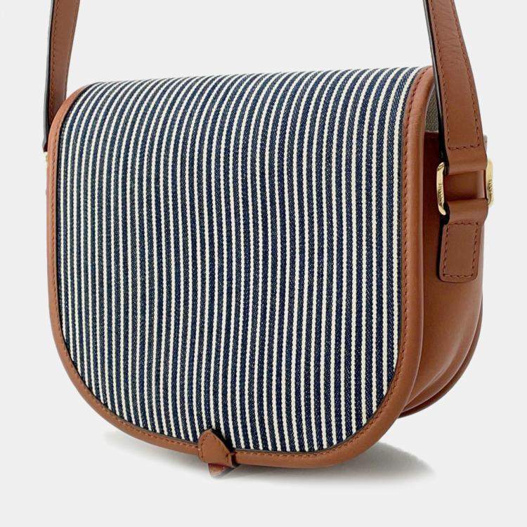 Pre Owned Celine Blue, White, and Brown Canvas and Leather Striped Folco Medium Shoulder Bag