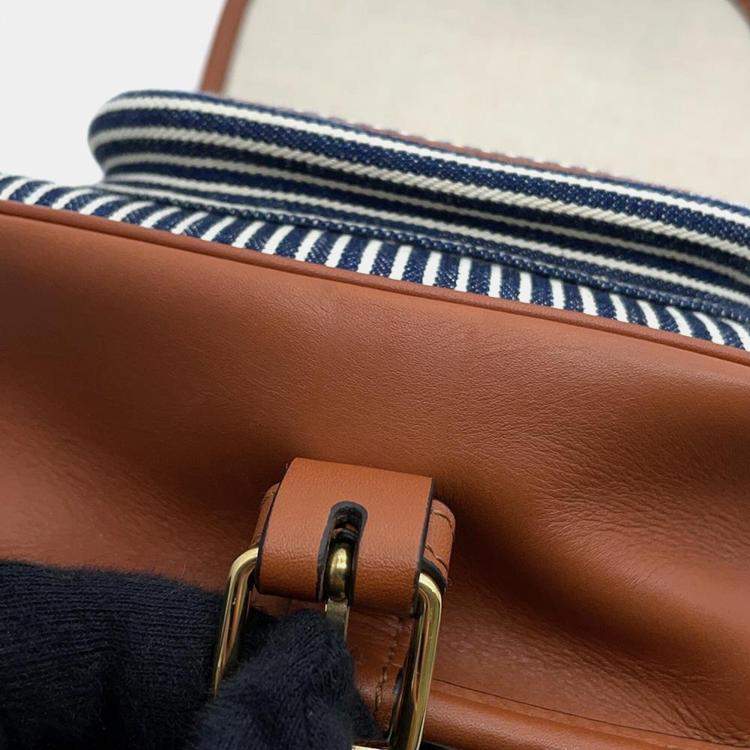 Pre Owned Celine Blue, White, and Brown Canvas and Leather Striped Folco Medium Shoulder Bag