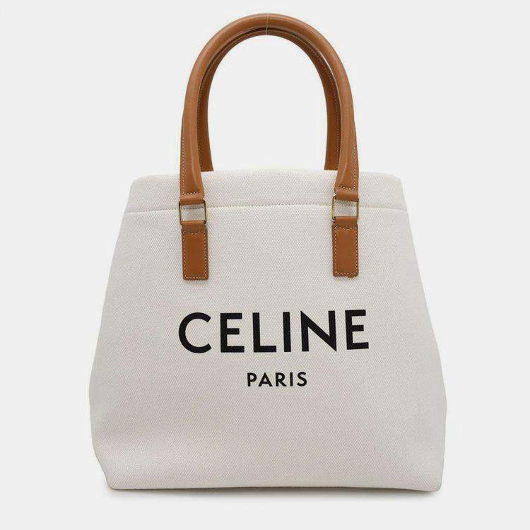 Pre Owned Celine White and Brown Canvas and Leather Horizontal Cabas Tote Bag