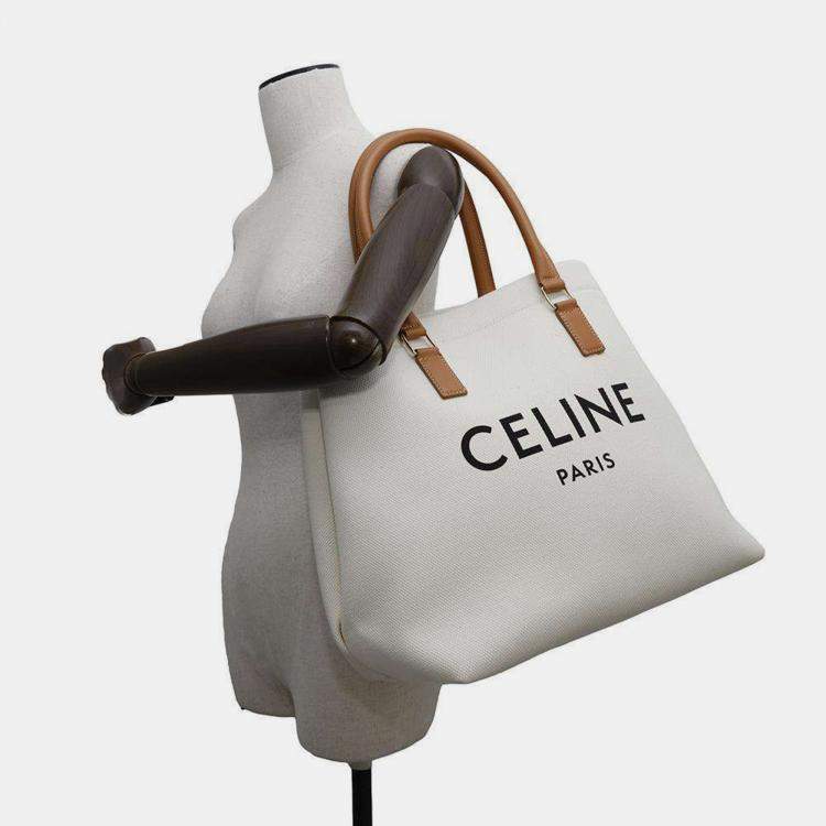 Pre Owned Celine White and Brown Canvas and Leather Horizontal Cabas Tote Bag