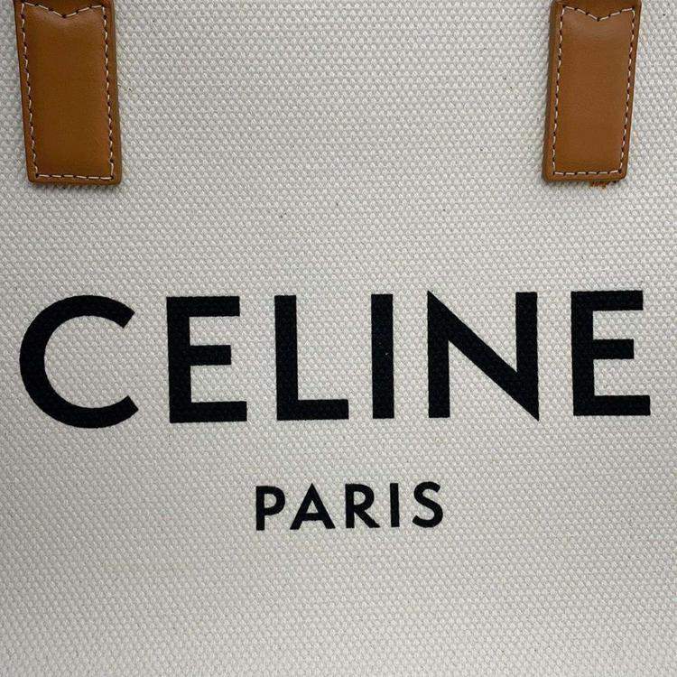 Pre Owned Celine White and Brown Canvas and Leather Horizontal Cabas Tote Bag
