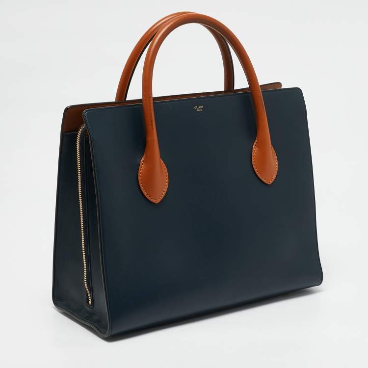 Pre Owned Celine Navy Blue/Brown Leather Boxy Tote