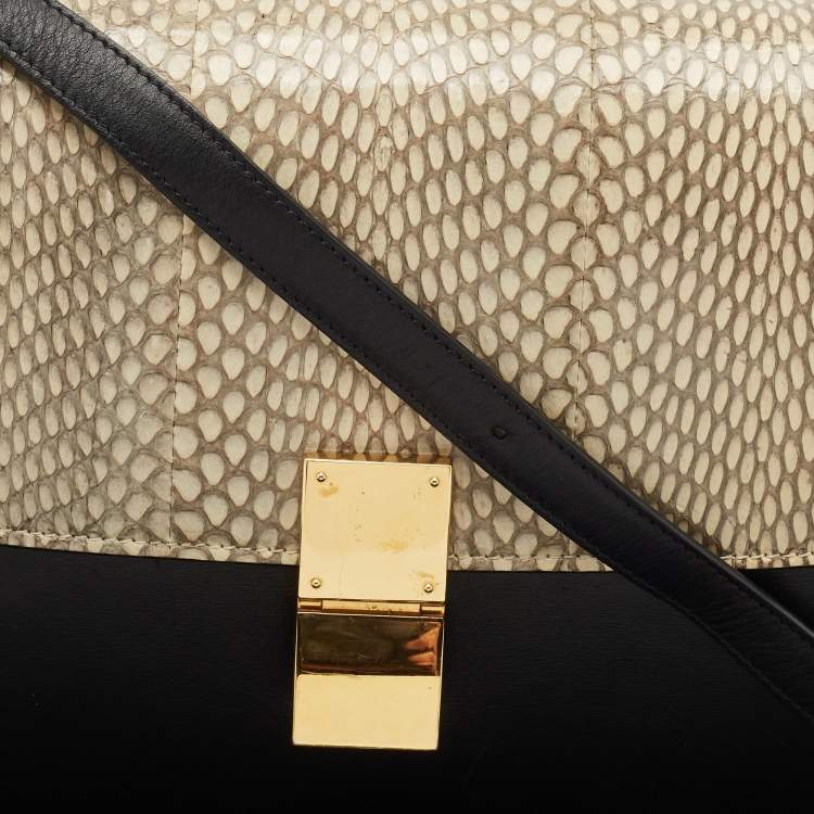 Pre Owned Celine Black/Off White Python and Leather Medium Classic Box Shoulder Bag
