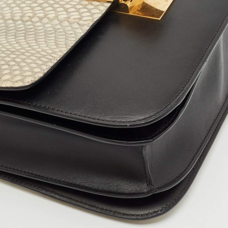 Pre Owned Celine Black/Off White Python and Leather Medium Classic Box Shoulder Bag