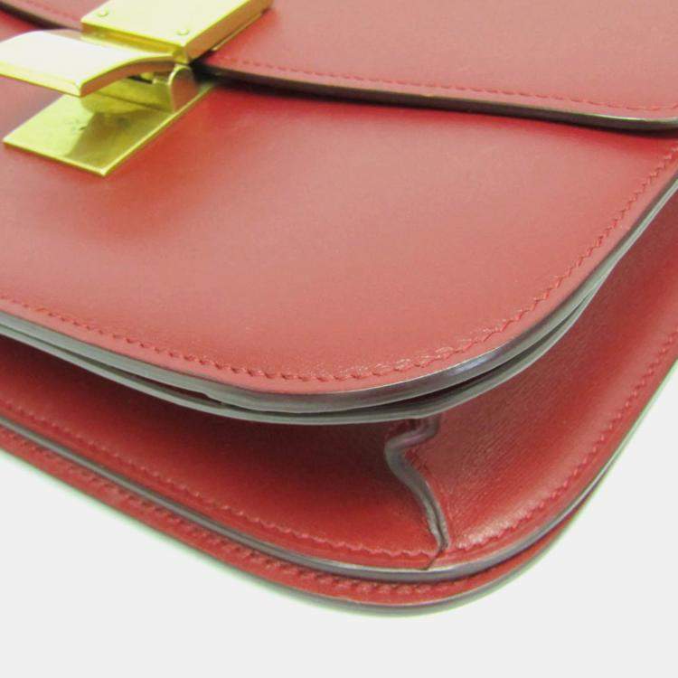 Pre Owned Celine Red Color Leather  Classic Box Medium Shoulder Bag 
