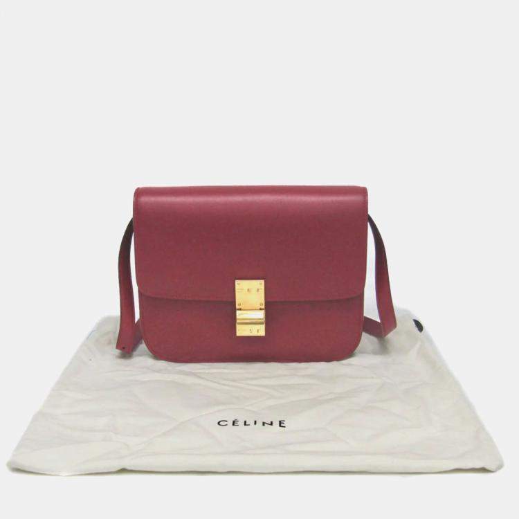 Pre Owned Celine Red Color Leather  Classic Box Medium Shoulder Bag 