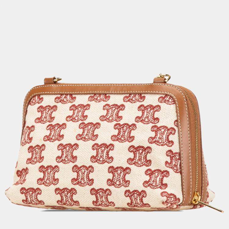 Pre Owned Celine Beige/Brown Triomphe Embroidered Canvas Clutch On Chain