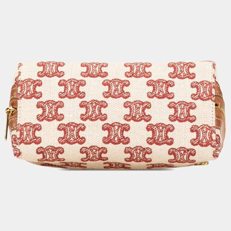 Pre Owned Celine Beige/Brown Triomphe Embroidered Canvas Clutch On Chain