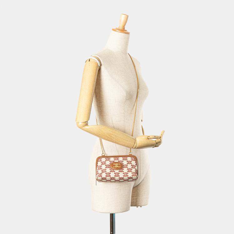 Pre Owned Celine Beige/Brown Triomphe Embroidered Canvas Clutch On Chain
