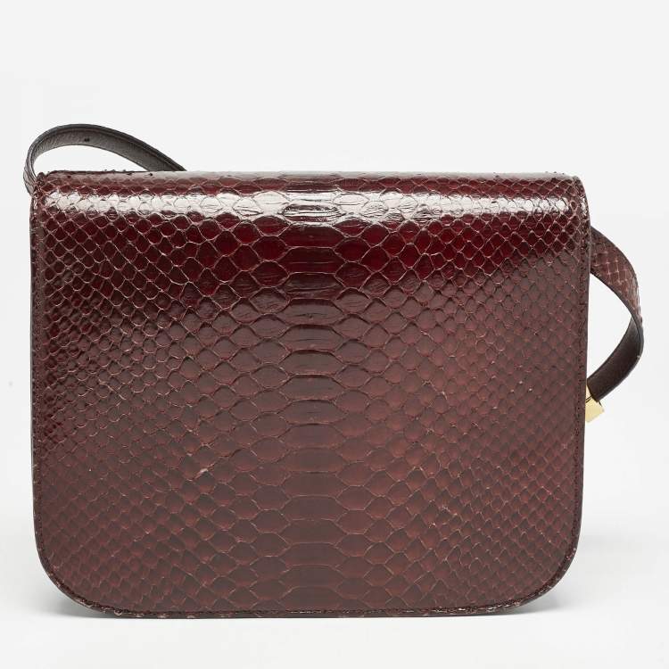 Pre Owned Celine Burgundy Python Medium Classic Box Shoulder Bag