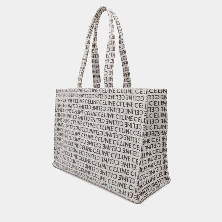Pre Owned Celine White Tan Canvas Leather Triomphe Cabas Large Tote Bag