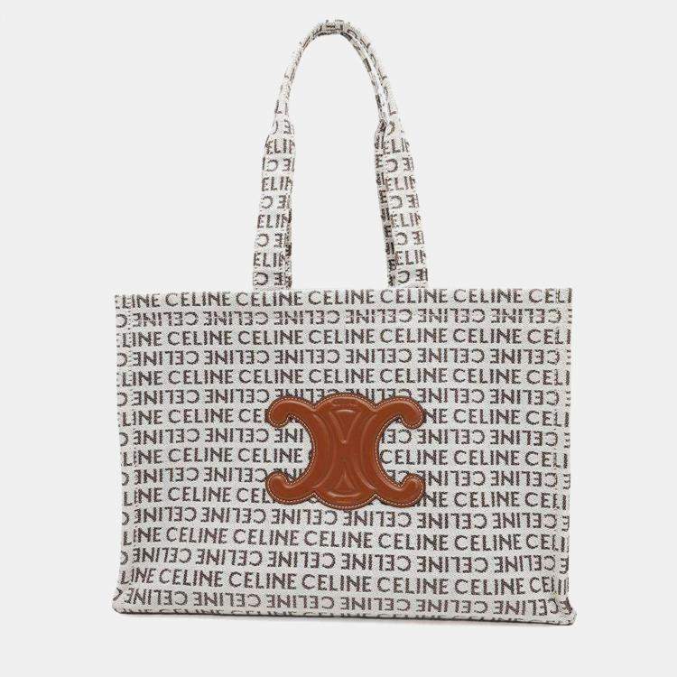 Pre Owned Celine White Tan Canvas Leather Triomphe Cabas Large Tote Bag