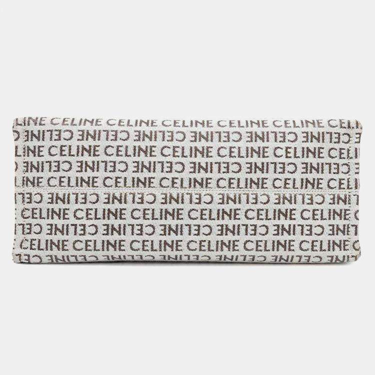 Pre Owned Celine White Tan Canvas Leather Triomphe Cabas Large Tote Bag