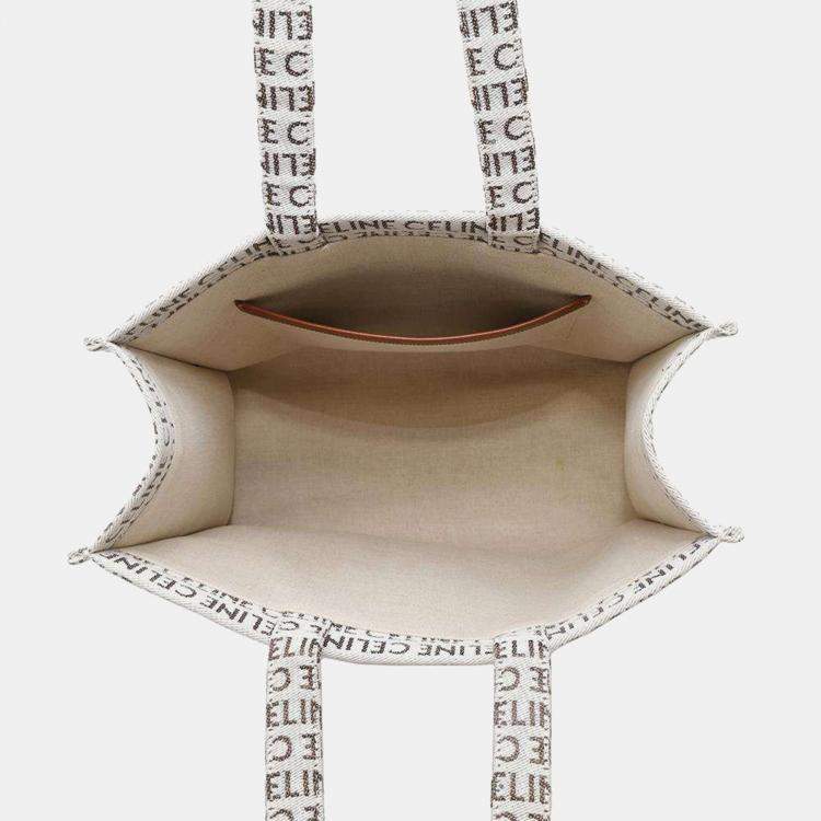 Pre Owned Celine White Tan Canvas Leather Triomphe Cabas Large Tote Bag