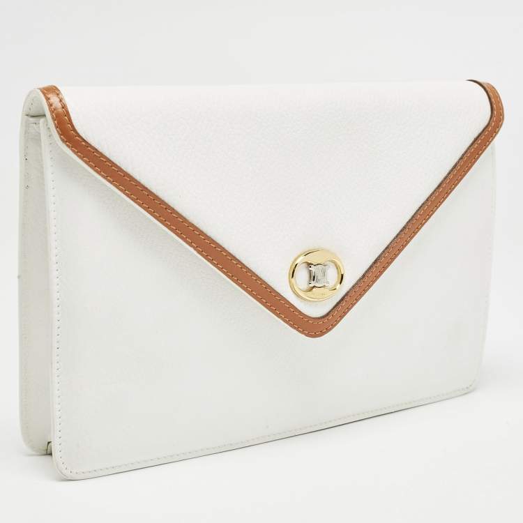 Pre Owned حقيبة ظرف سيلين جلد أبيض/تان عتيق