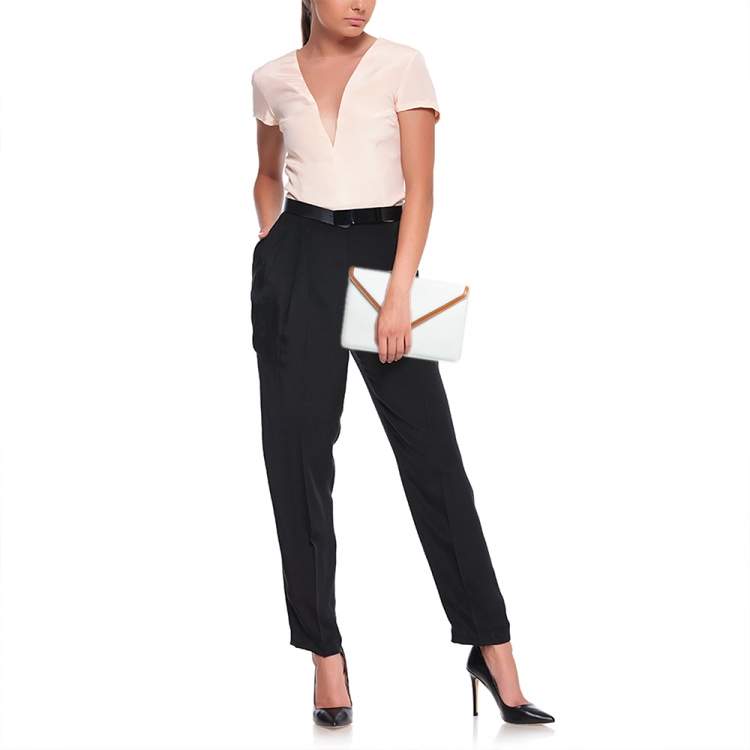 Pre Owned حقيبة ظرف سيلين جلد أبيض/تان عتيق