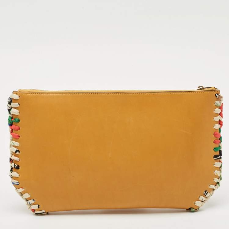 Pre Owned Celine Mustard Leather Braided Zip Pouch