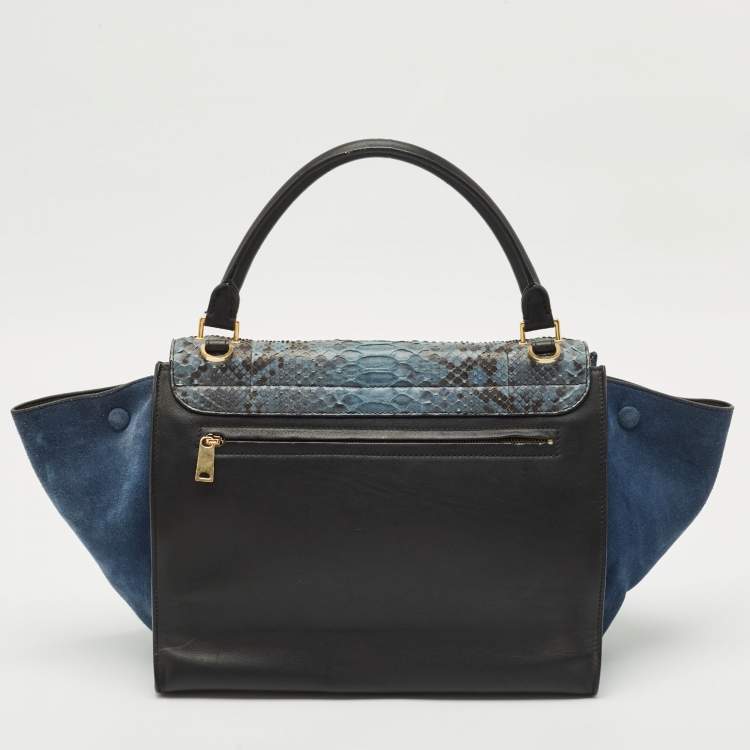 Pre Owned Celine Blue/Black Python, Leather and Suede Medium Trapeze Top Handle Bag