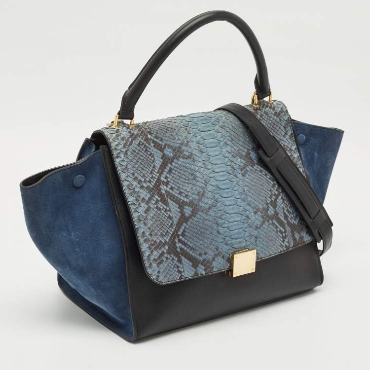Pre Owned Celine Blue/Black Python, Leather and Suede Medium Trapeze Top Handle Bag