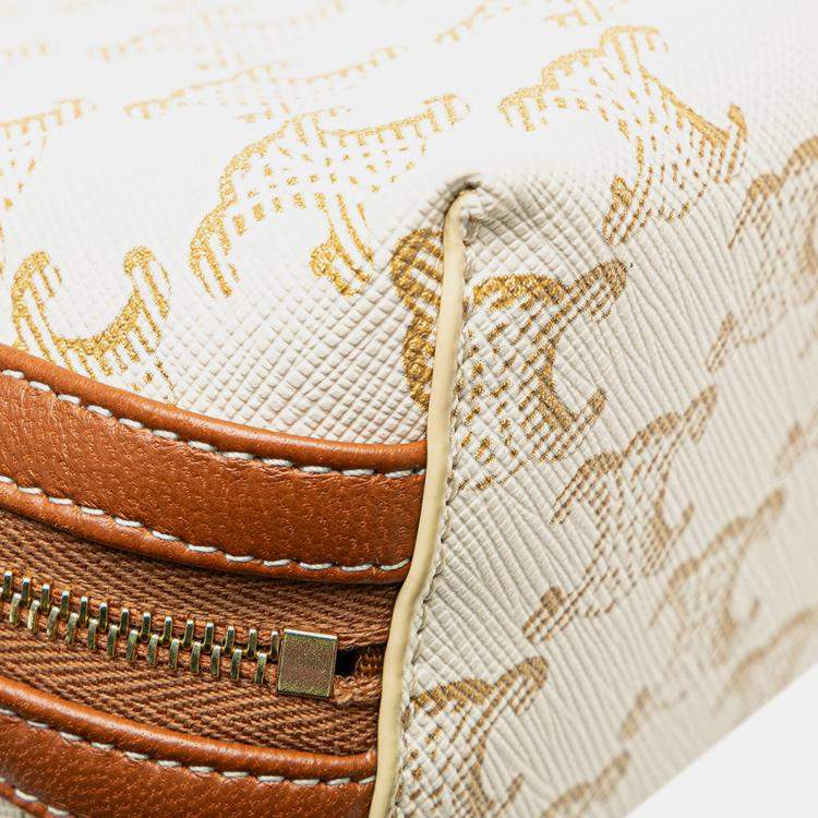 Pre Owned Celine White Triomphe Coated Canvas Clutch On Chain