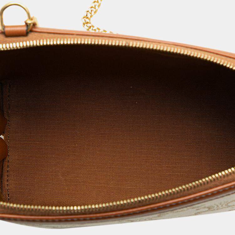 Pre Owned Celine White Triomphe Coated Canvas Clutch On Chain