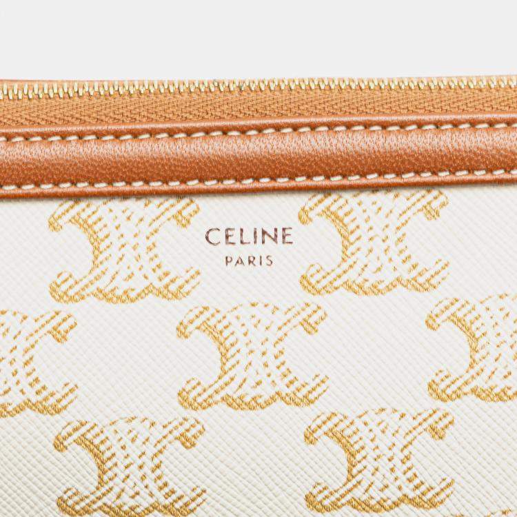 Pre Owned Celine White Triomphe Coated Canvas Clutch On Chain