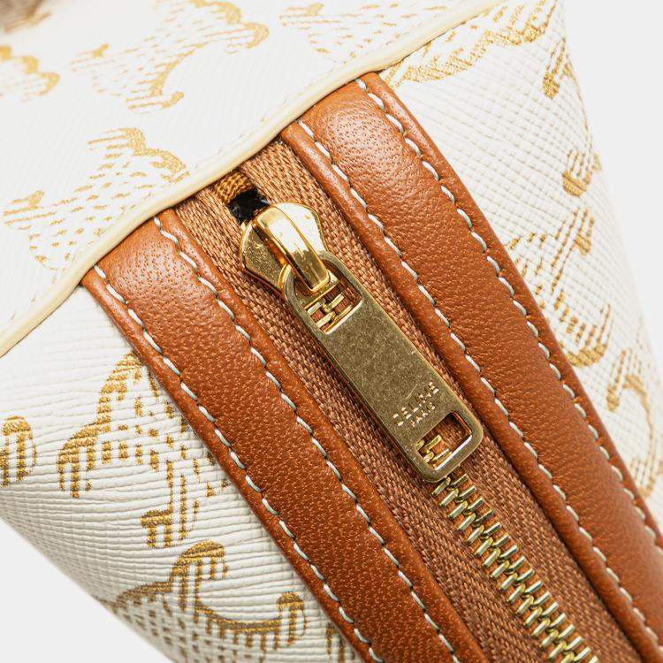 Pre Owned Celine White Triomphe Coated Canvas Clutch On Chain
