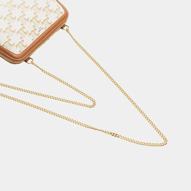 Pre Owned Celine White Triomphe Coated Canvas Clutch On Chain