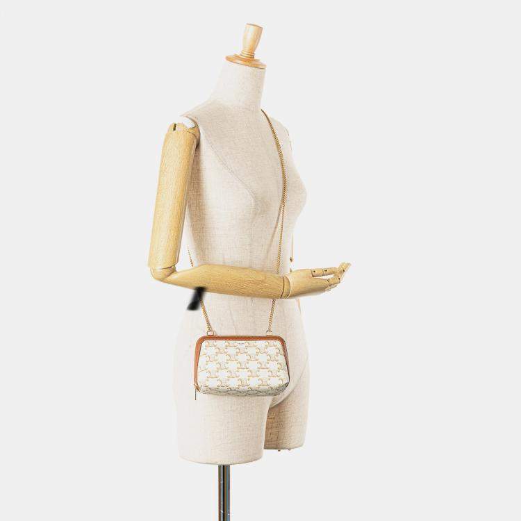 Pre Owned Celine White Triomphe Coated Canvas Clutch On Chain