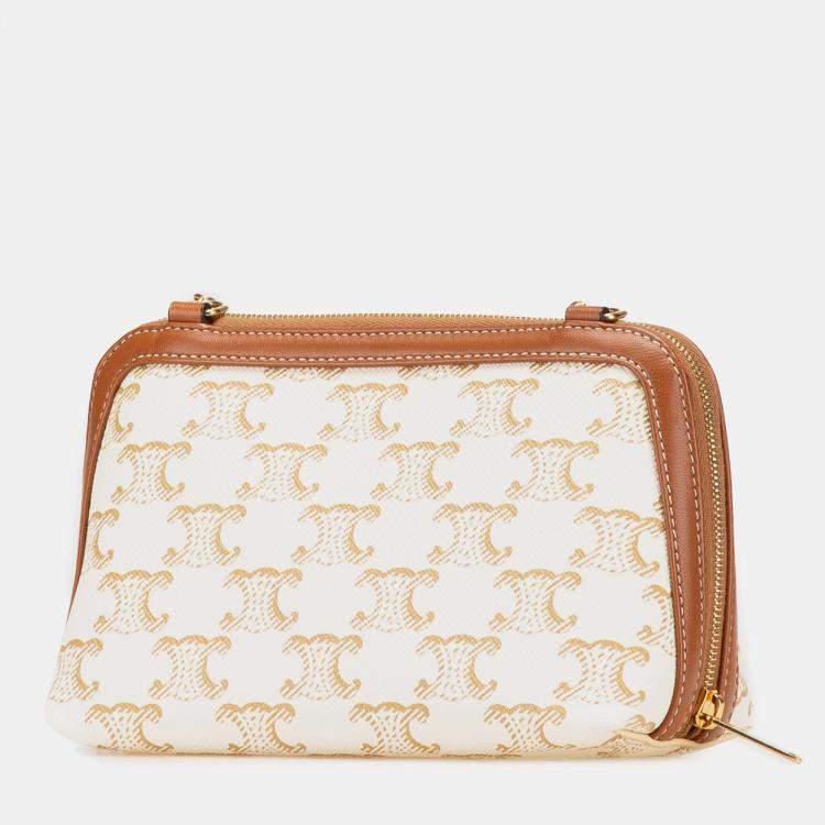 Pre Owned Celine White Triomphe Coated Canvas Clutch On Chain
