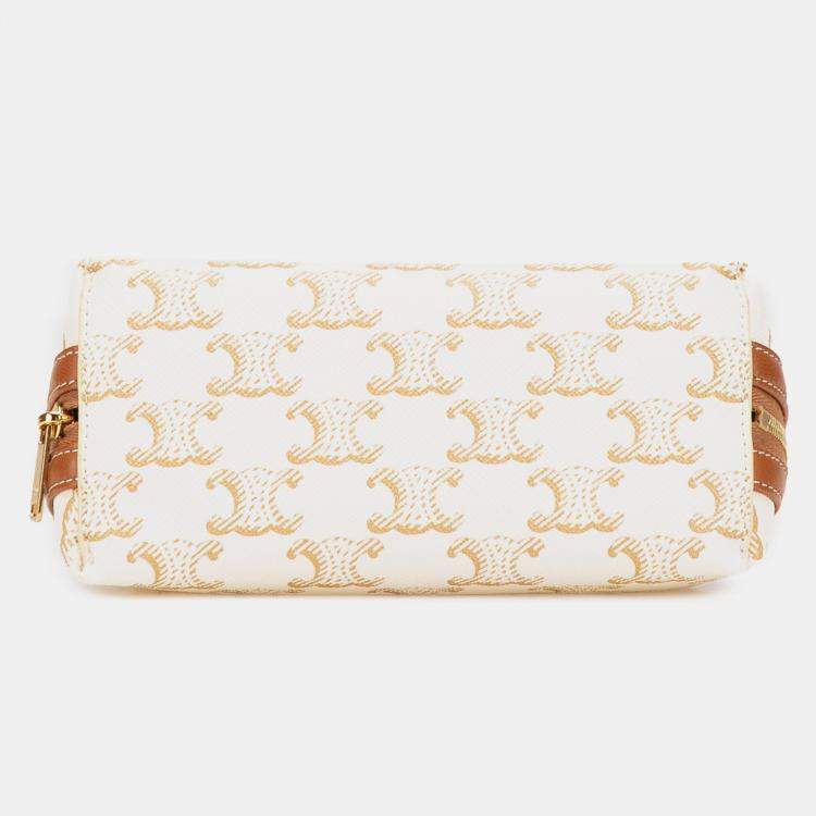 Pre Owned Celine White Triomphe Coated Canvas Clutch On Chain