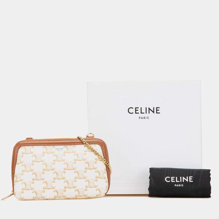 Pre Owned Celine White Triomphe Coated Canvas Clutch On Chain