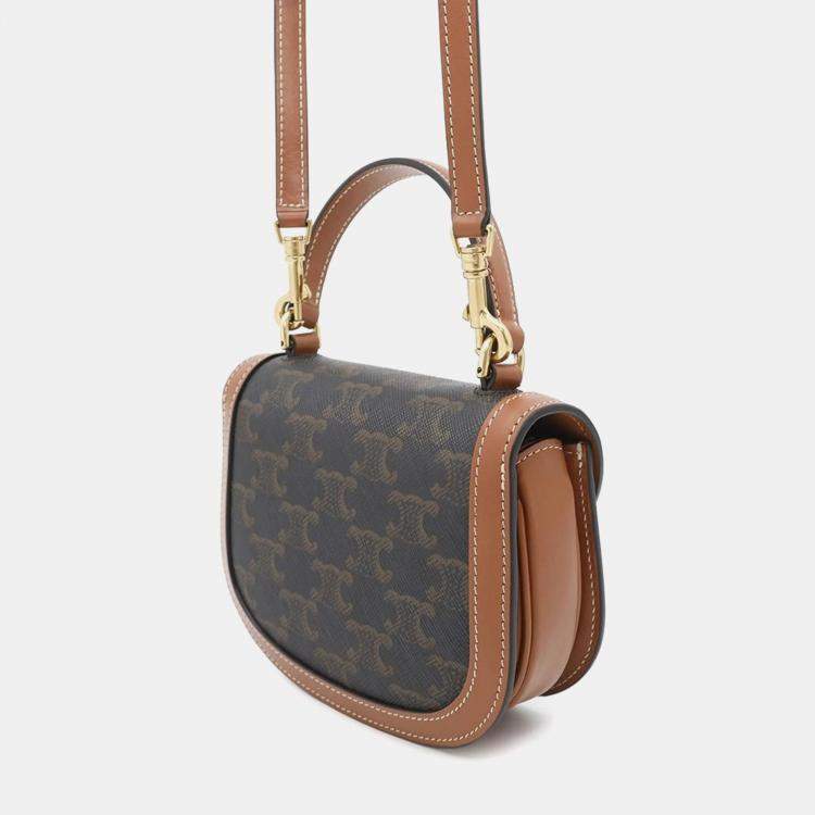 Pre Owned Celine Triomphe Mini Besace Clea Tan Canvas Calfskin Top Handle Bag