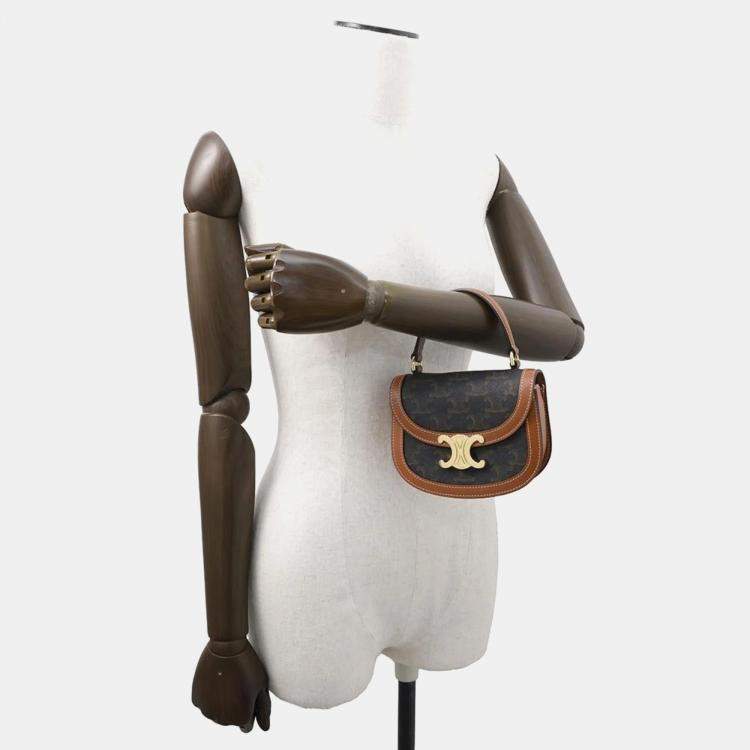 Pre Owned Celine Triomphe Mini Besace Clea Tan Canvas Calfskin Top Handle Bag