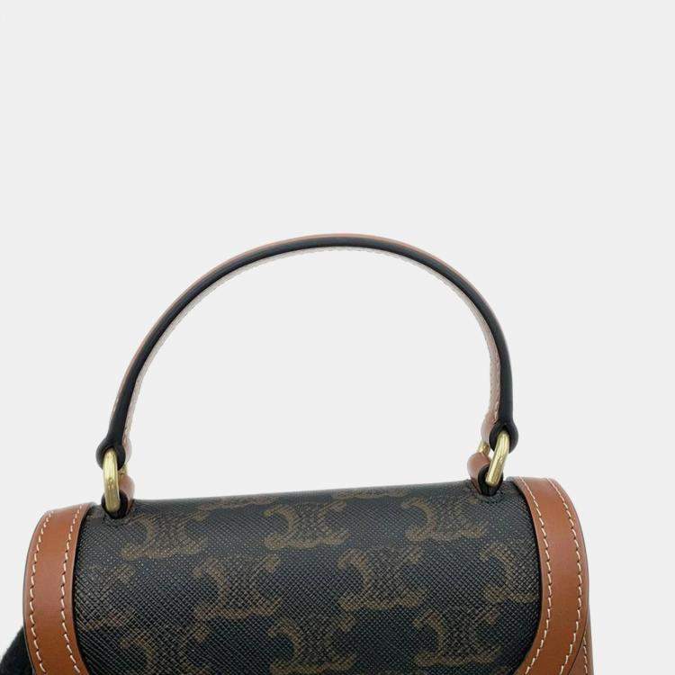 Pre Owned Celine Triomphe Mini Besace Clea Tan Canvas Calfskin Top Handle Bag