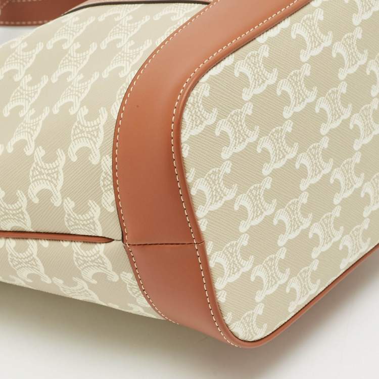 Pre Owned Celine White/Tan Triomphe Canvas Small Bucket Bag