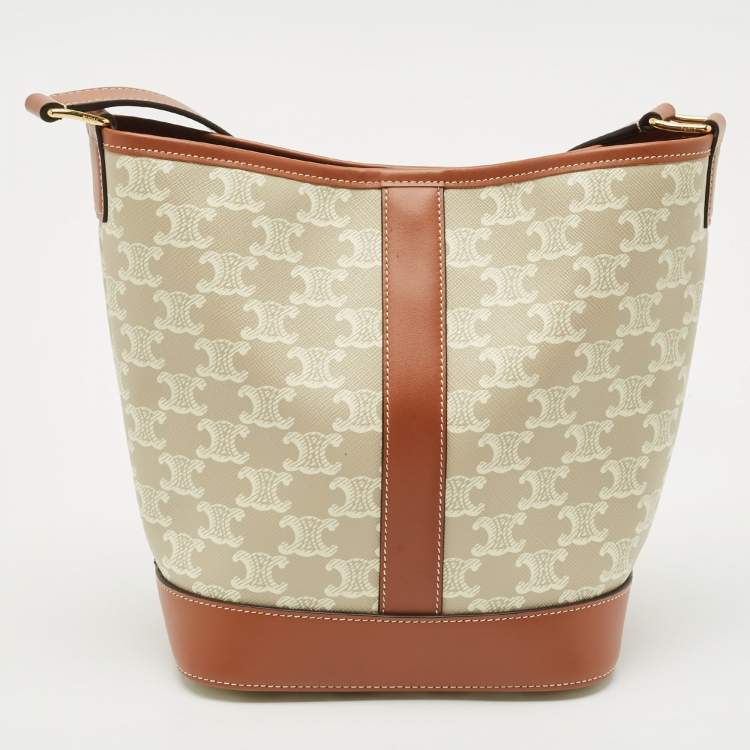 Pre Owned Celine White/Tan Triomphe Canvas Small Bucket Bag