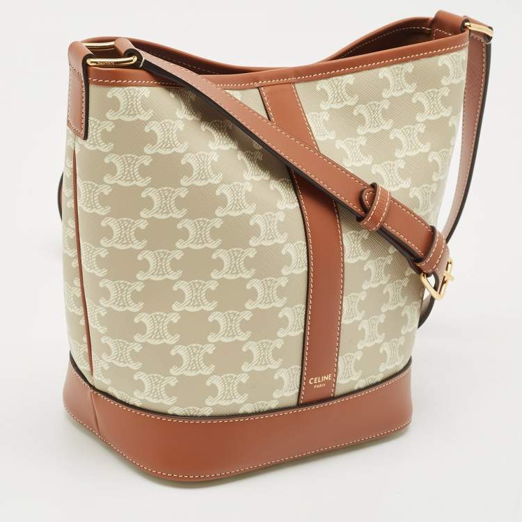 Pre Owned Celine White/Tan Triomphe Canvas Small Bucket Bag