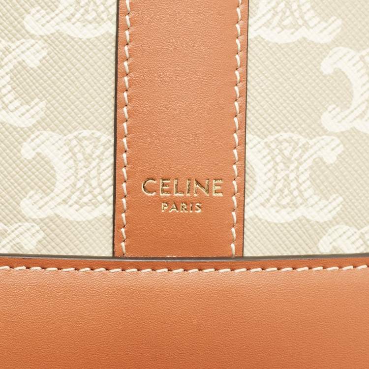 Pre Owned Celine White/Tan Triomphe Canvas Small Bucket Bag