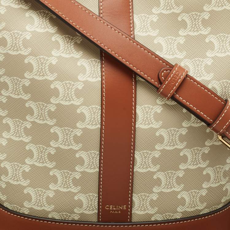 Pre Owned Celine White/Tan Triomphe Canvas Small Bucket Bag